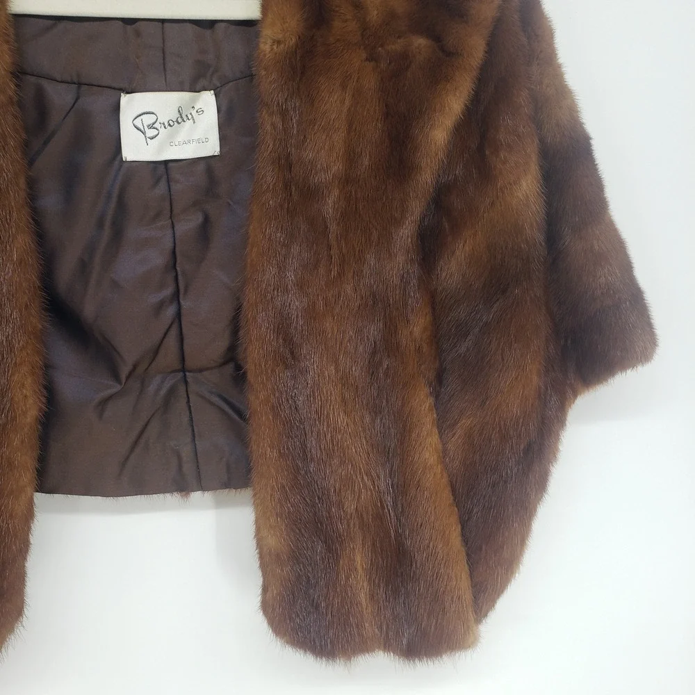 Vintage 50s 60s Mink Fur Cape Women's OS Brown Shawl Collar Stole Wrap Glam